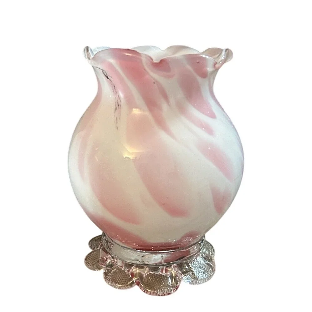 Vintage Pink and White Slag Glass Ruffled Bud Vases with Clover Base Set of 2